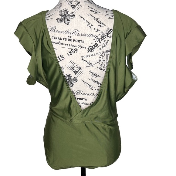 Olive Green One Piece Swim Suit Size 3X Plunging V-Neck Open Back Flutter Sleeve - Picture 2 of 16